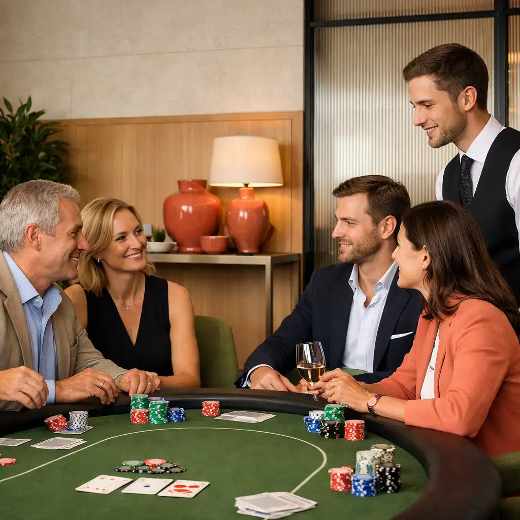Világos, kortárs poker lounge beszélgető vendégekkel és hosttal