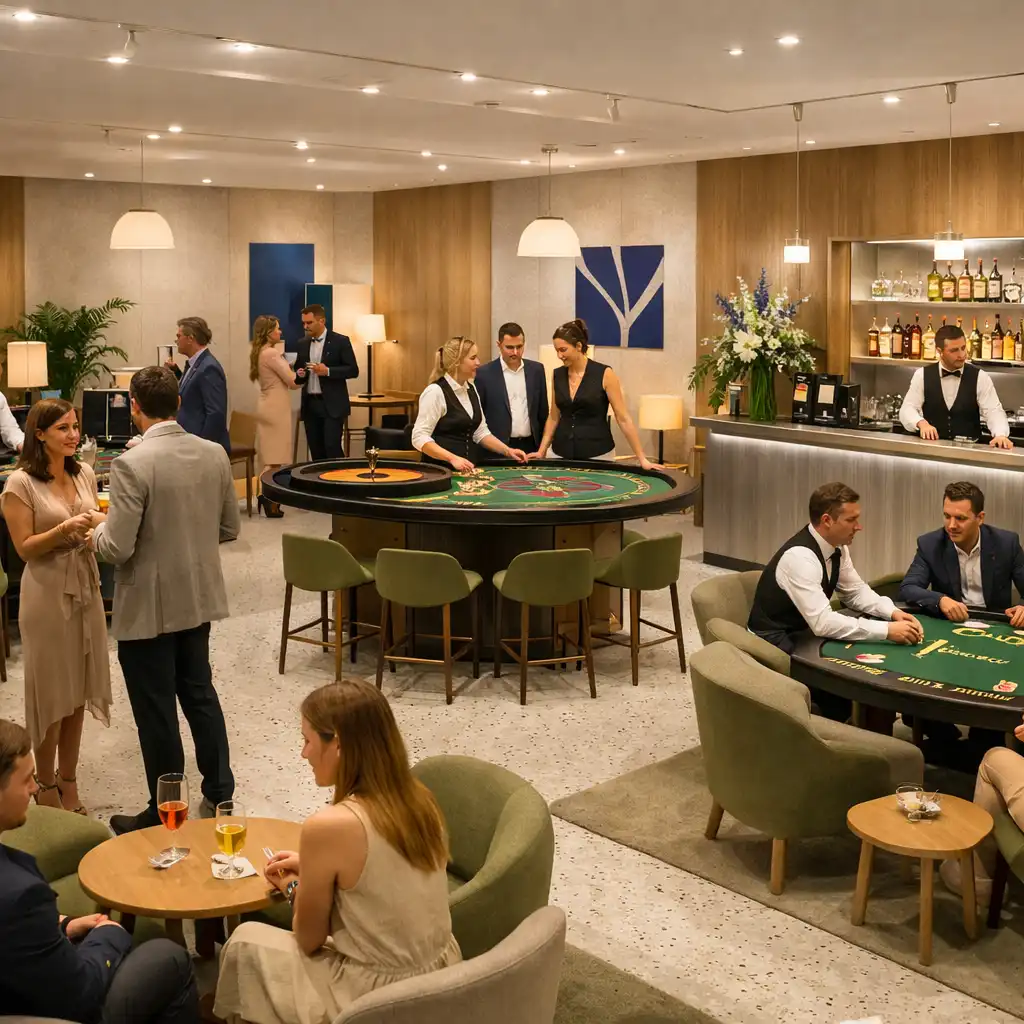 Többasztalos, világos casino zóna lounge területekkel