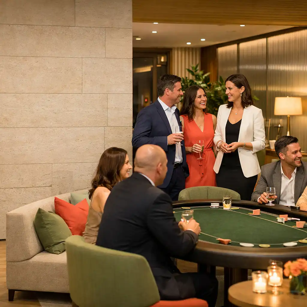 Elegáns vendégek beszélgetnek egy világos, kortárs céges esemény pokerasztala körül.