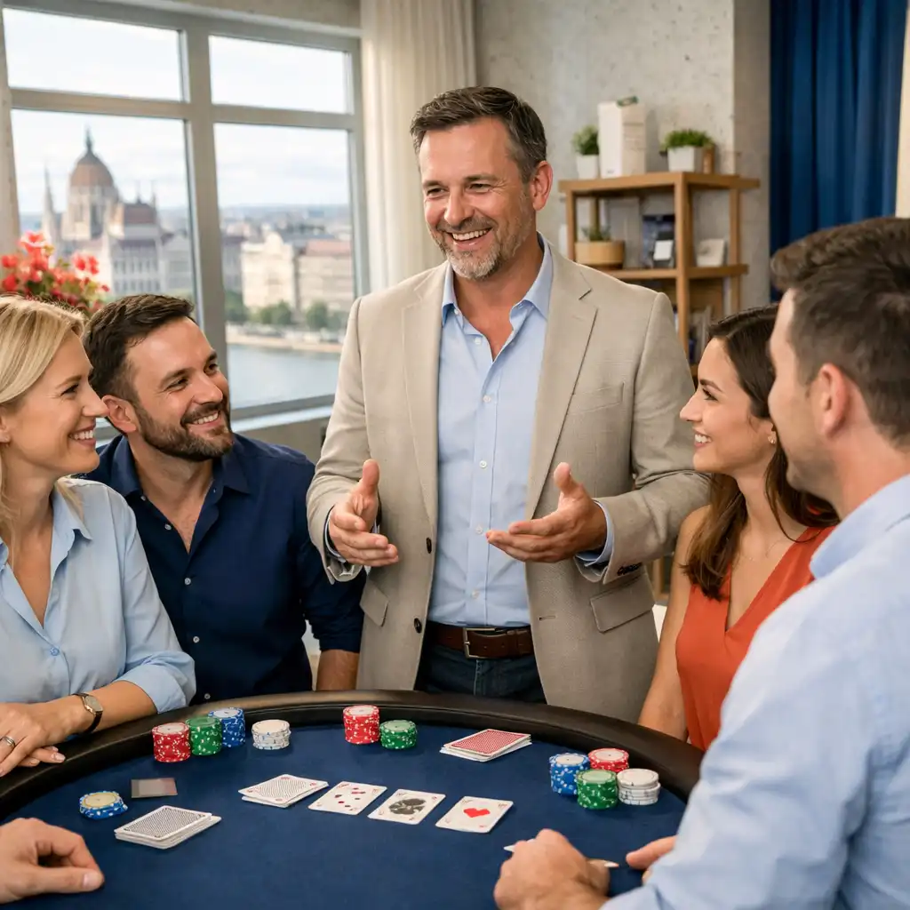 Professzionális host vezet rekreációs pokerprogramot céges vendégeknek