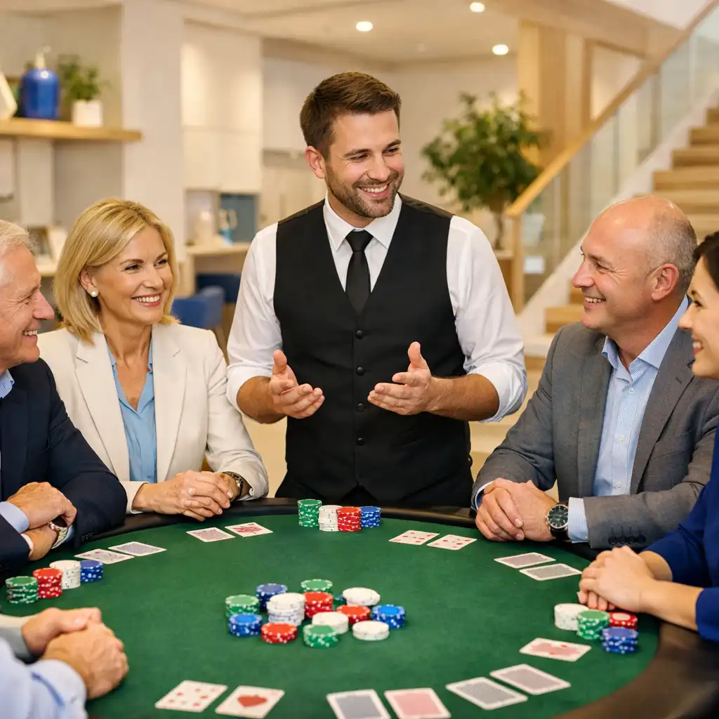 Mosolygó üzleti vendégek és egy host egy elegáns, világos pokerasztalnál.
