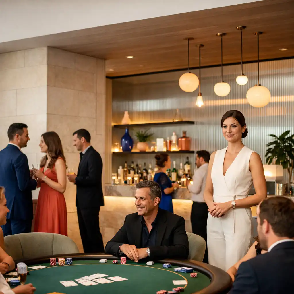 Világos, kortárs budapesti eseménytér társas pokerasztallal, vendégekkel és hosttal