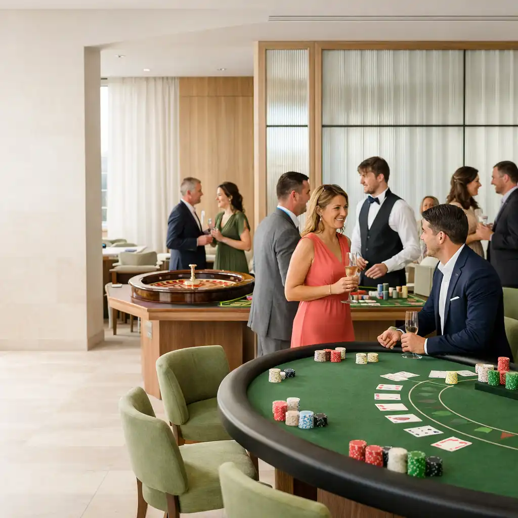 Világos, modern rendezvénytér társas casino asztalokkal és beszélgető vendégekkel