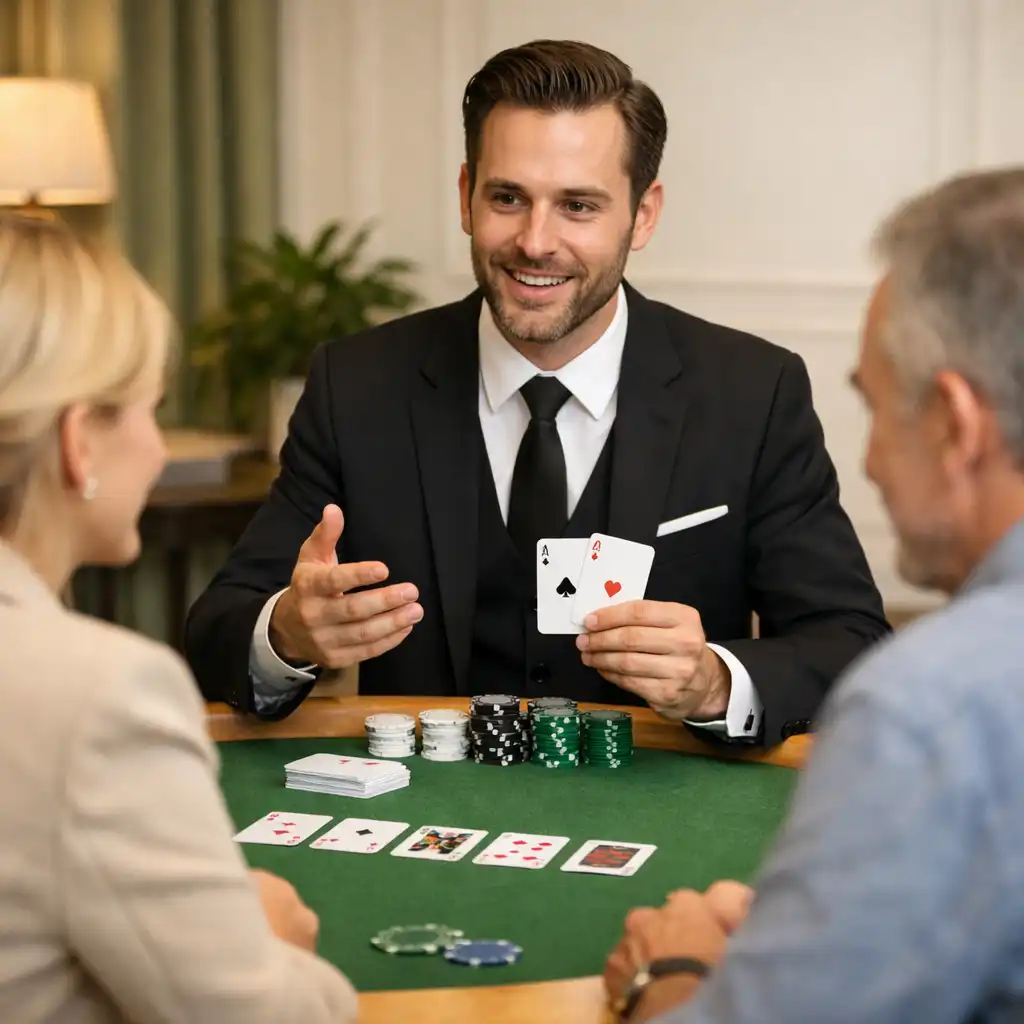 Profi host vezet poker programot figyelő vendégekkel