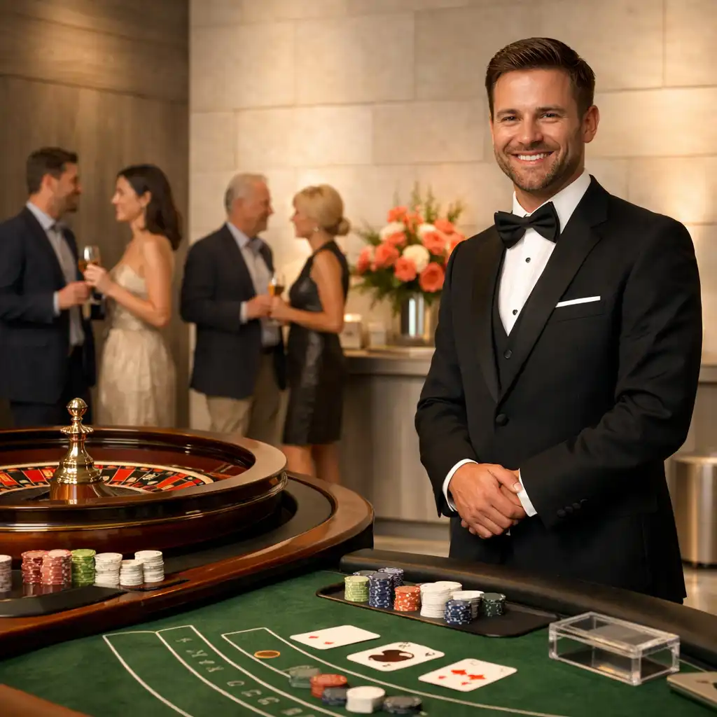 Elegáns lounge-tér rulett és blackjack asztal részletével