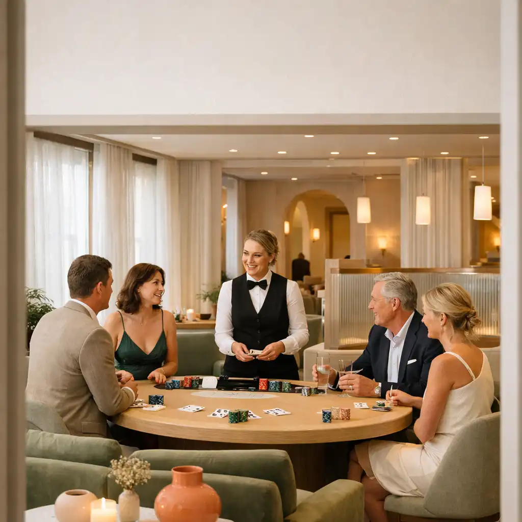 Világos, kortárs rendezvénytér poker lounge-zsal, vendégekkel és természetes anyagokkal.