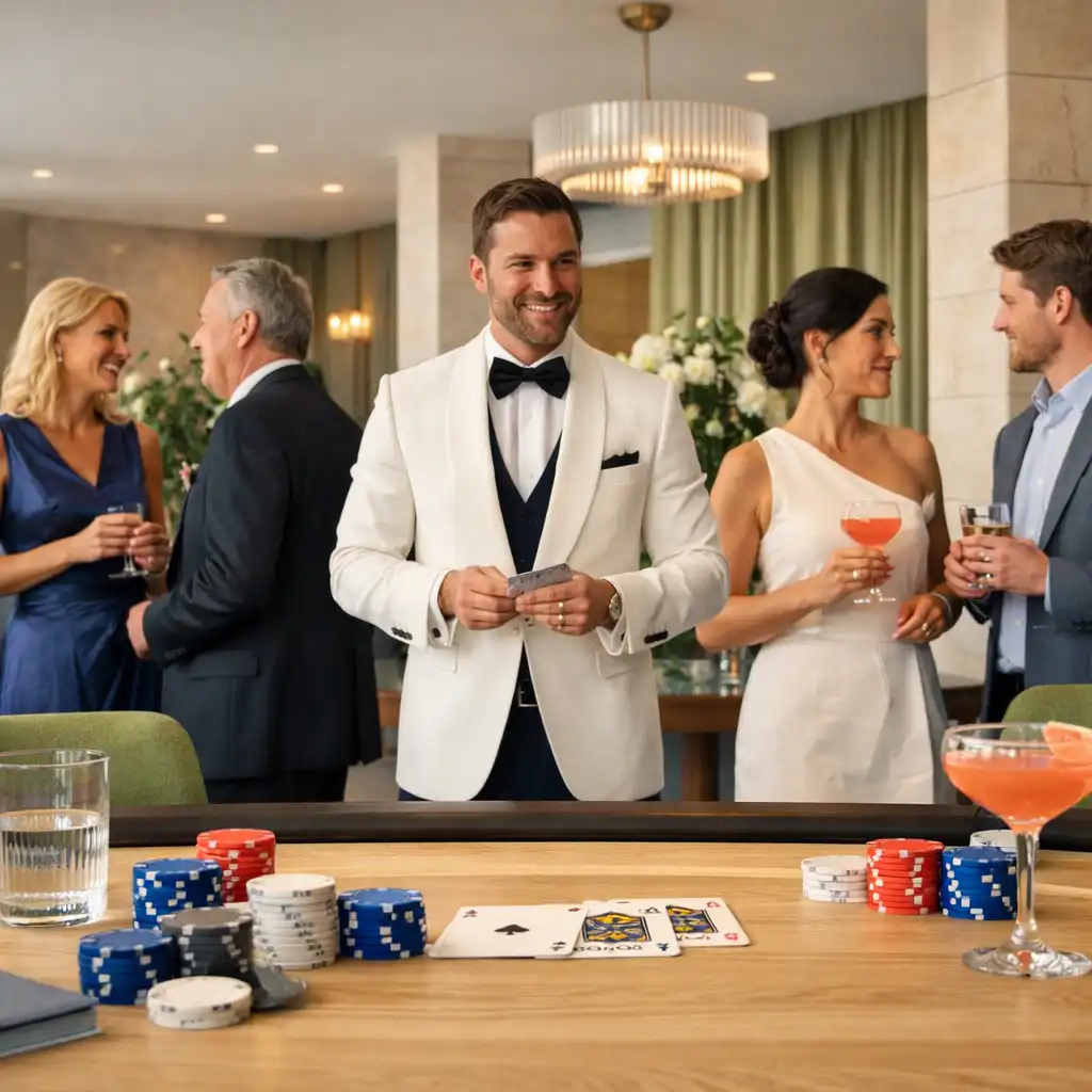 Elegáns, világos casino-tematikájú társasági rendezvény pokerasztallal és hosttal Budapesten